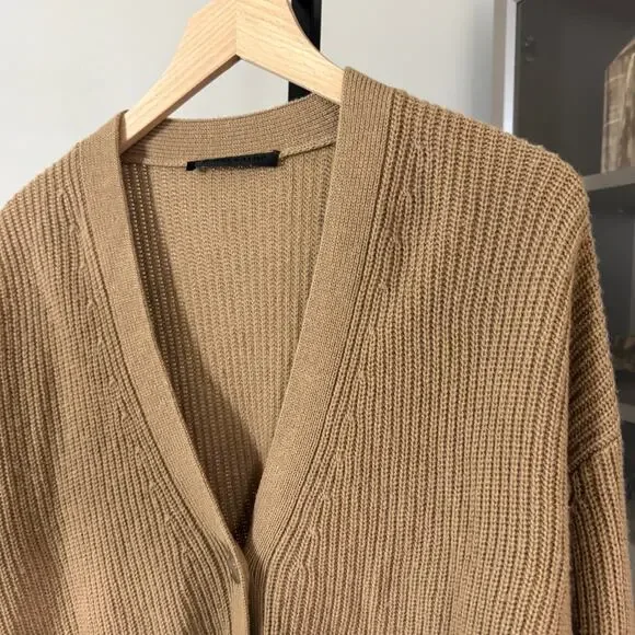 Jenni Kayne Oversized Brown Cropped Cocoon Cardigan V-Neck Rib-Knit Sweater M